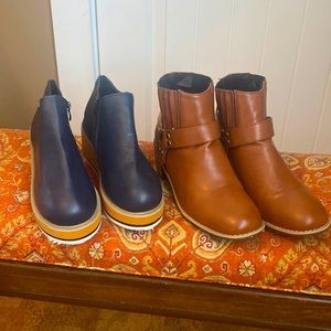 2 pairs of cute booties brown pair  size 38 blue pair are a small size 7